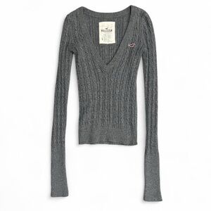 Hollister Gray Cable Knit V-Neck Sweater